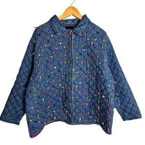 VTG Oversized Puffy Quilted Full Button Jacket Polk-a-Dot Yarn Embellished 2X